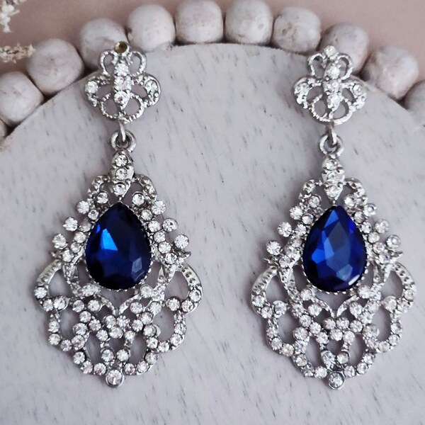 Royal Blue Beaded Prom Earrings