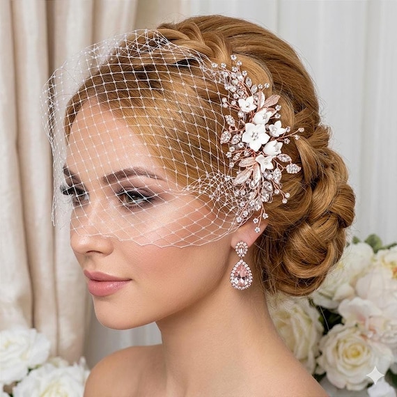Bridal Birdcage Veil Wedding Bird Cage Veils Hair Hairpiece Floral Rose Gold Accessory Jewelry Headpiece Head Piece Short Blusher Comb Clip