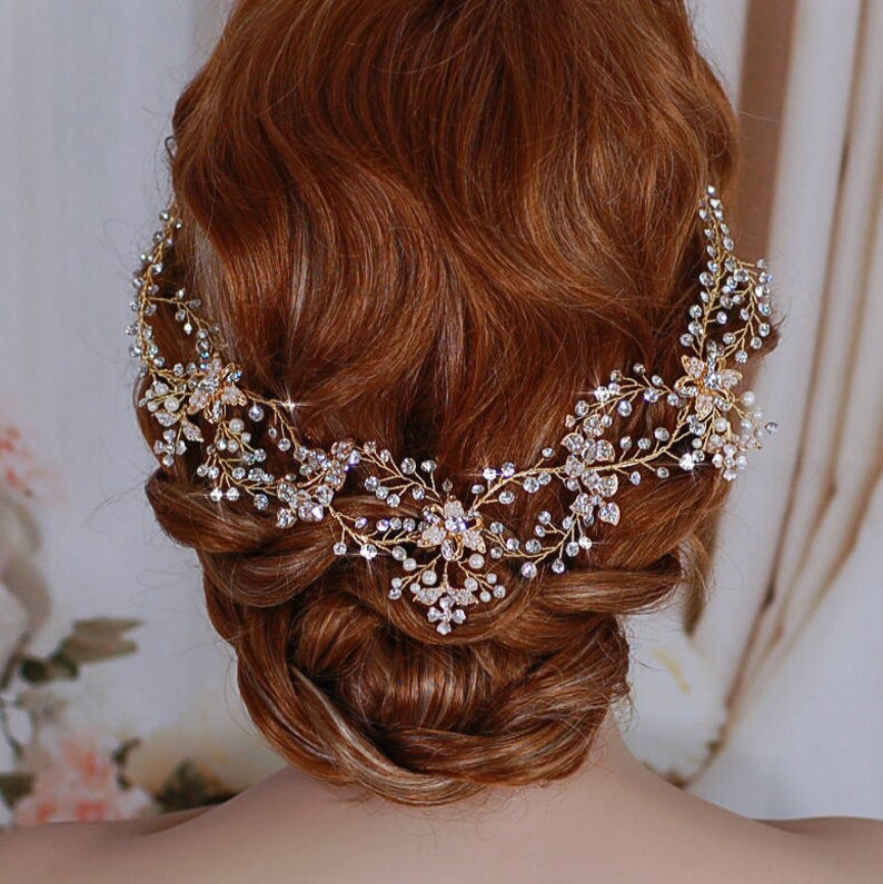 Champagne Blush Gold Bridal Vine Headpiece Hair Wreath Head Band Piece Accessory Headband Bride Wedding Brides Party Crystal Accessories