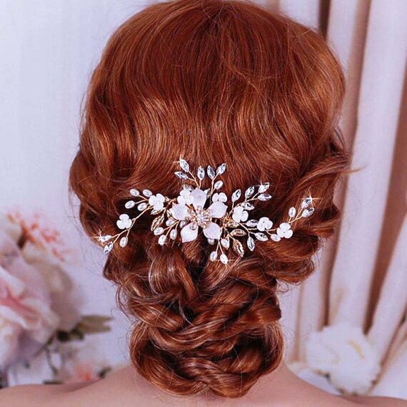 Champagne Rhinestone Flower Hairpin Comb Wedding Anniversary Party Banquet Amazon.com : Aimimier Flower Crystal French Hair Comb Luxury  main image 3