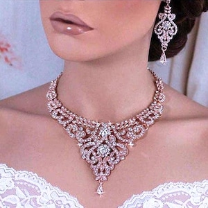 Rose Gold or Silver Bridal Wedding Necklace Earrings Set Bride Accessories Weddings Party Prom Pageant Back Drop Jewelry Crystal Accessory