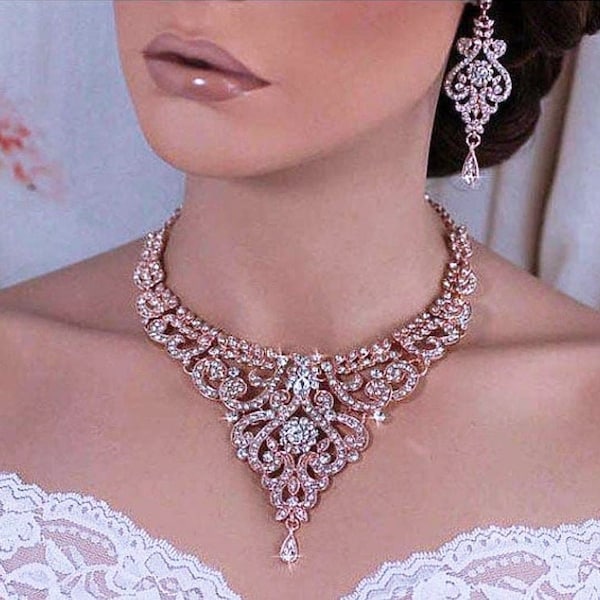 ROSE GOLD or Silver Bridal Wedding Necklace Earrings Set Bride Accessories Weddings Party Prom Pageant Back Drop Jewelry Crystal Accessory