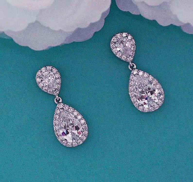 Teardrop CZ Earrings Zircon Bridal Zirconia Swarovski Crystal Etsy