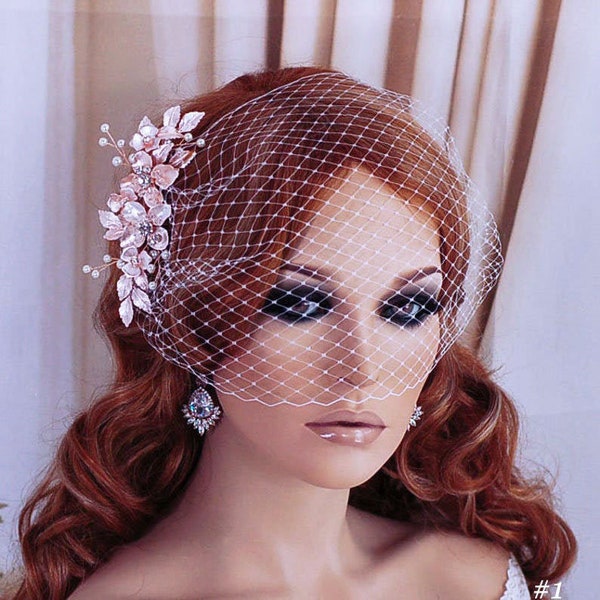 Bridal Birdcage Veil, Rose Gold Hair Comb, Bird Cage Hair Head Piece, Wedding White Ivory Champagne Headpiece Weddings Blusher Accessories