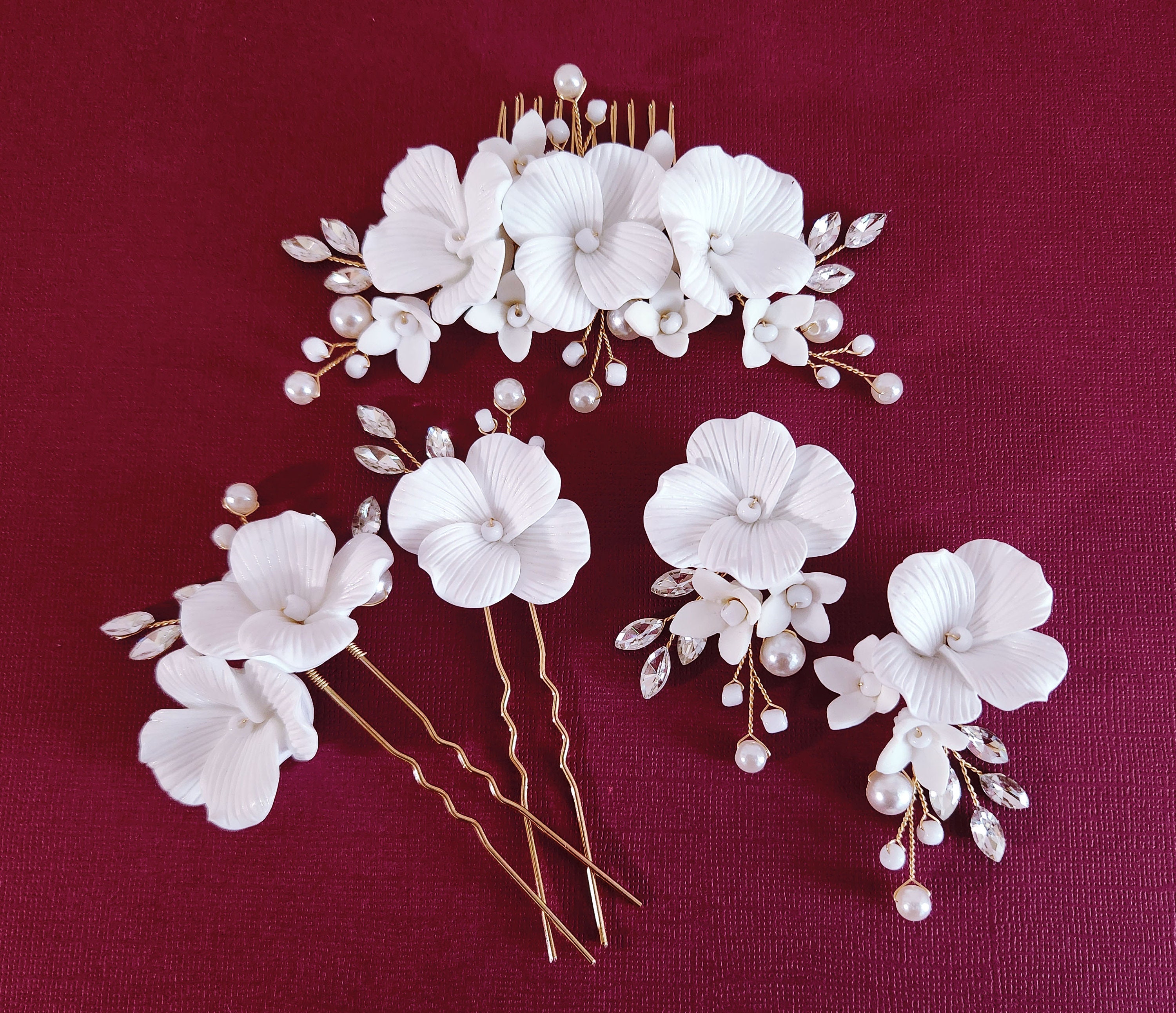 Bridal Ceramic Hair Comb Earrings Pins Floral Pearl Matching  display picture 2
