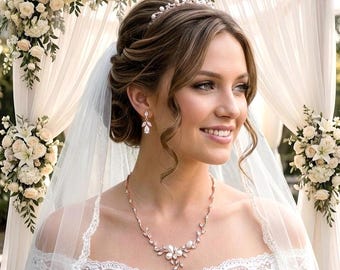 Cubic Zirconia Pearl Bridal Necklace Earrings Set Rose Gold Wedding Party CZ Jewelry Brides Accessories Anniversary Gift Weddings Accessory