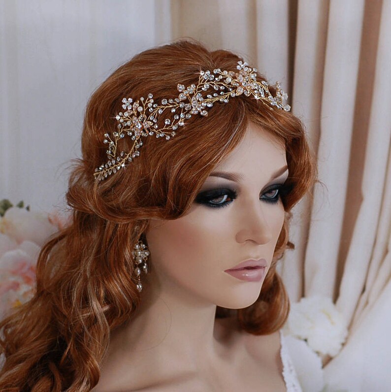 Champagne Blush Gold Bridal Vine Headpiece Hair Wreath Head Band Piece Accessory Headband Bride Wedding Brides Party Crystal Accessories
