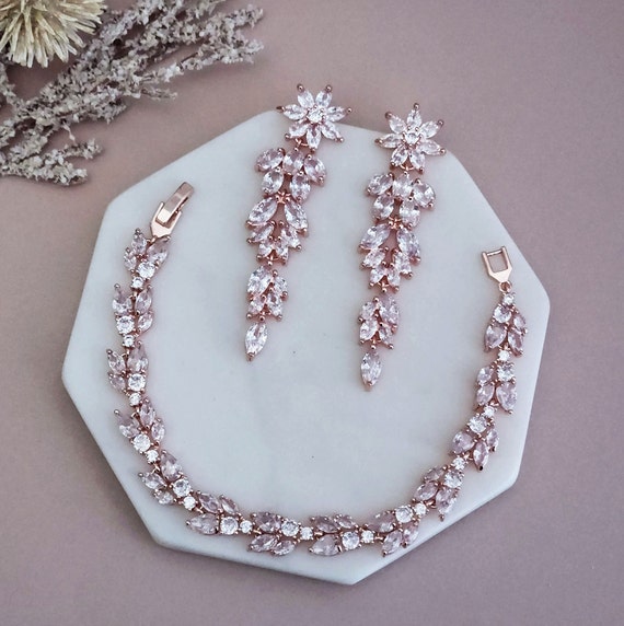 Bridal Jewelry Set Rose Gold Silver Matching Chandelier Long