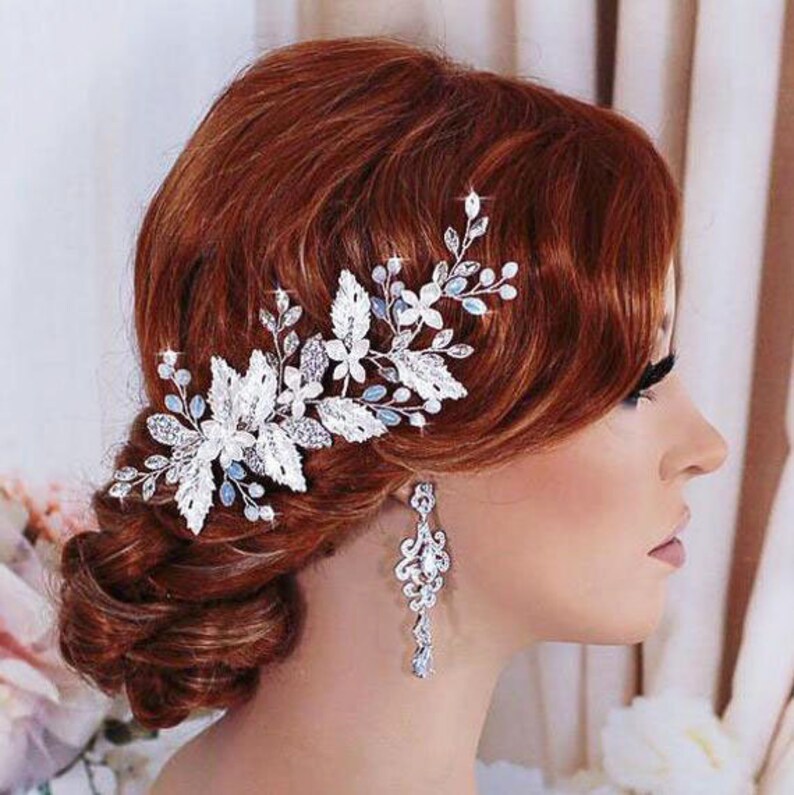 Bridal Hair Clip Crystal Floral Opal Headpiece Bride Etsy