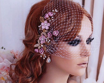 Blue or Pink Hair Comb Bridal Bird Cage Veil Birdcage Headpiece Hairpiece Crystal Wedding Jewelry Head Piece Short Floral 1 Tier Blusher
