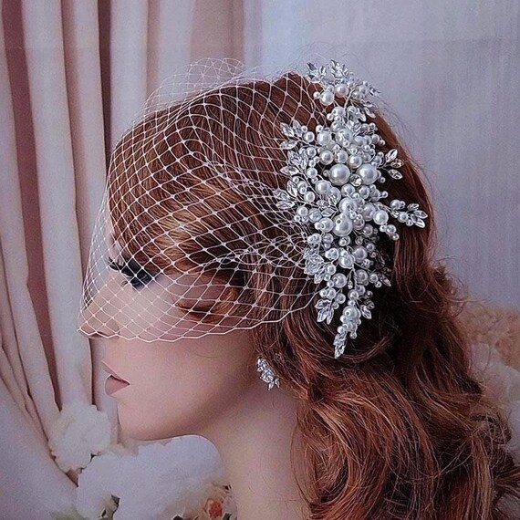 Pearl Floral Birdcage Veil Bird Cage Bridal Veil Headpiece  display picture 1