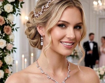 Cubic Zirconia Rose Gold or Silver Bridal Necklace Earrings Set Wedding CZ Jewelry Brides Bride Accessory Weddings Event Pageant Gift 24
