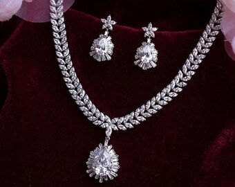 Cubic Zirconia Bridal Necklace Earrings Set Zircon Crystal Jewelry Bride Accessories Wedding Party Event Weddings Anniversary Accessory 005