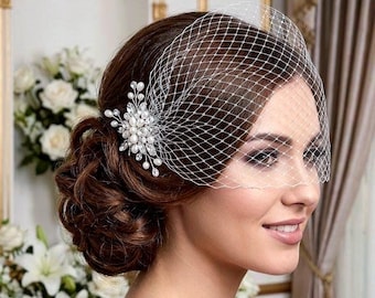 Pearl Crystal Birdcage Veil White Ivory Black Champagne Navy Blue Red Pink Grey Floral Bird Cage Bridal Wedding Headpiece Brides Party Event