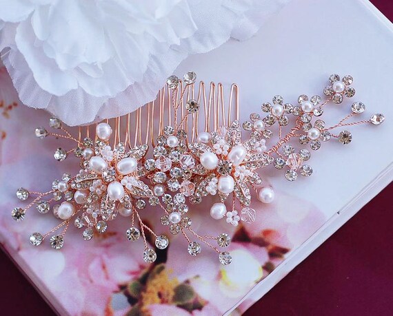 Rose Gold Crystal Pearl Bridal Hair Clip Floral Comb Wedding Accessory Amazon.com : Casdre Crystal Bride Wedding Hair Comb Flower  main image 3