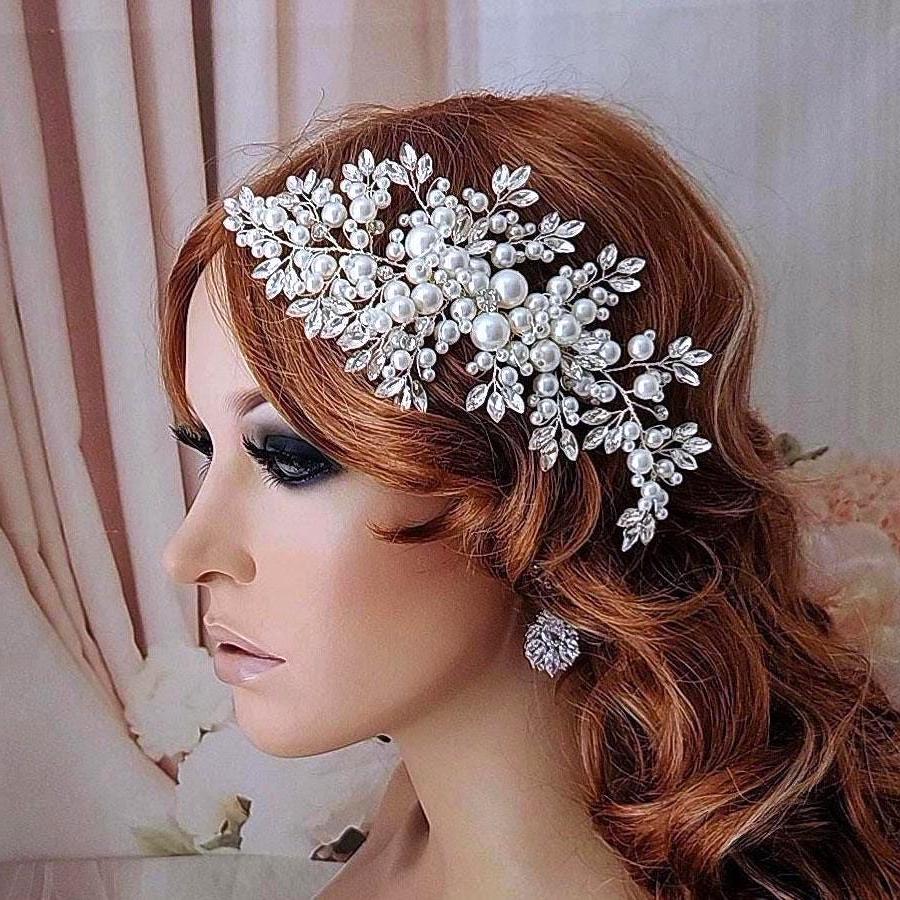 Silver bridal head piece.  Head comb style with pearls. Amazon.com : Unicra Bride Pearl Wedding Hair Comb Silver  main image 4