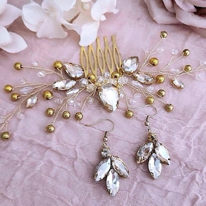 Champagne Hair Comb, Ruby Red Earrings, Gold Hair Jewelry, Champagne Earrings, Blush Hair Comb, Matching Jewelry Set Wedding Hair Piece