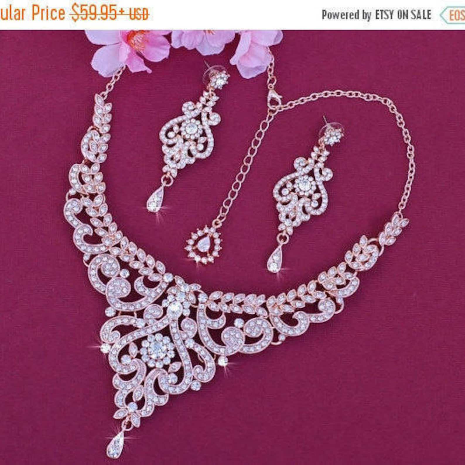 ROSE GOLD or Silver Bridal Wedding Necklace Earrings Set Bride Etsy