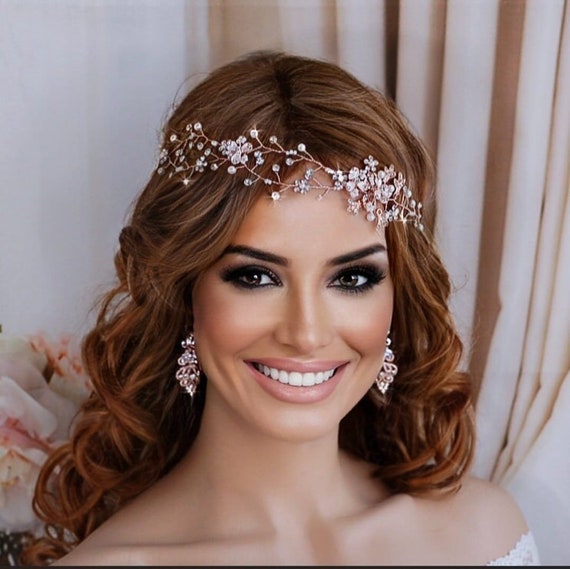 Bridal Flower Headband Hair Vine Crystal Headpiece for Wedding Floral Pearl Wedding Crown: Crystal Leaf Bridal Headpiece  main image 3