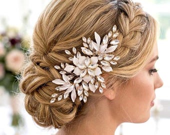 Floral Gold or Silver Hair Comb Headpiece Bridal Crystal Leaf Jewelry Bride Brides Head Piece Hairpiece Party Event Gift Birdcage Short Veil