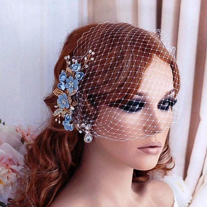 Blue or Pink Hair Comb Bridal Bird Cage Veil Birdcage Headpiece Hairpiece Crystal Wedding Jewelry Head Piece Short Floral 1 Tier Blusher