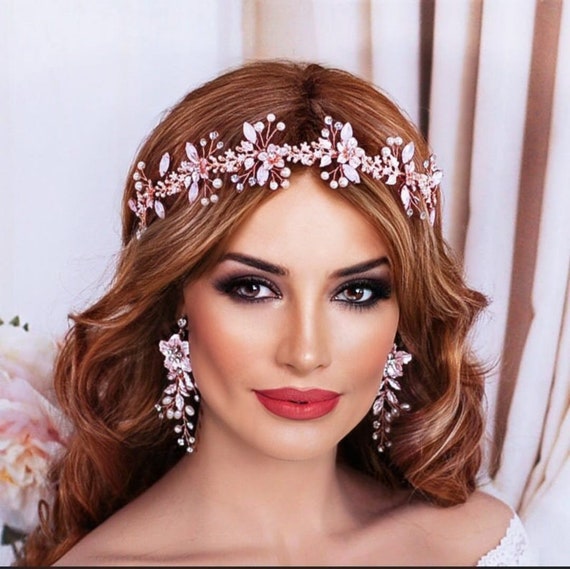 Rose Gold Bridal Hair Piece Vine Wedding Headpiece Pink Opal  display picture 1