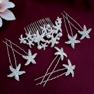 etsy bridal haor accessories star fish Natural Starfish 2 PC Alligator Hairclip Set, Tropical Wedding Starfish Hairpiece, Hawaii Seashell Hairclips, Mermaid Cosplay Headpiece Each shell is hand ZARA // Starfish Bridal Hair