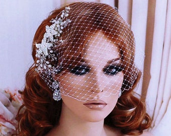 Wedding Birdcage Veil Bird Cage Bridal Hair Hairpiece Crystal Accessory Jewelry Headpiece Head Piece Short Blusher Floral Comb Bride Brides