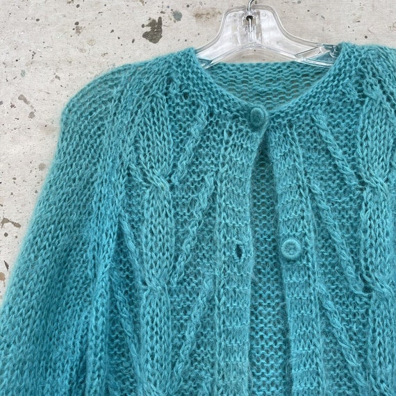 Vintage 60’s Aquamarine Knit Mohair Cardigan Swea… - image 4