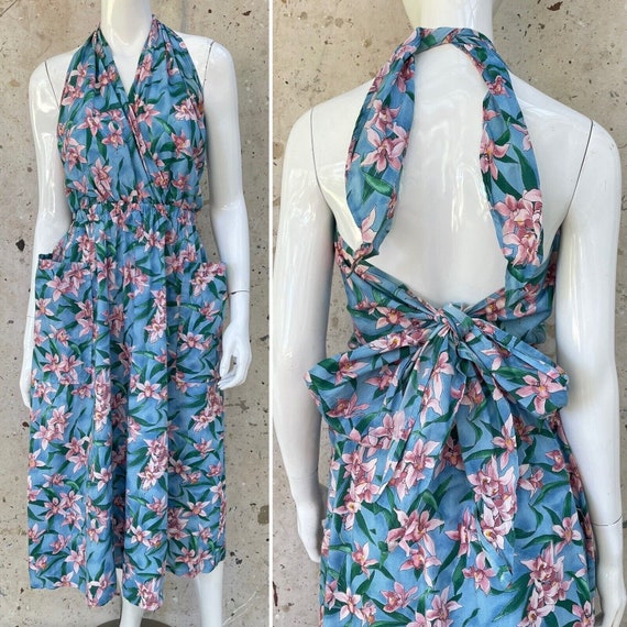 Vintage 80’s Pink Floral Cotton Halter Dress - image 1