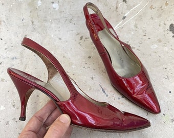 Vintage 1950’s Red Patent Leather Slingback Kitten Heels, 6.5 B