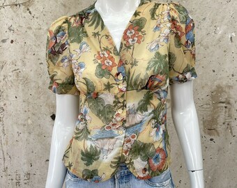 Vintage 1970’s Hawaiian Tropical Bird Print Blouse, S/M