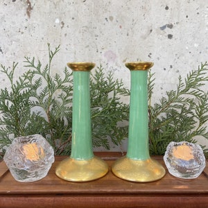 VTG Pickard Porcelain Candlesticks 24k Gold Gilt Jade Green Lustre Rose & Daisy image 1