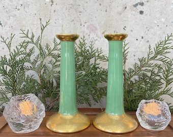 VTG Pickard Porcelain Candlesticks 24k Gold Gilt Jade Green Lustre Rose & Daisy
