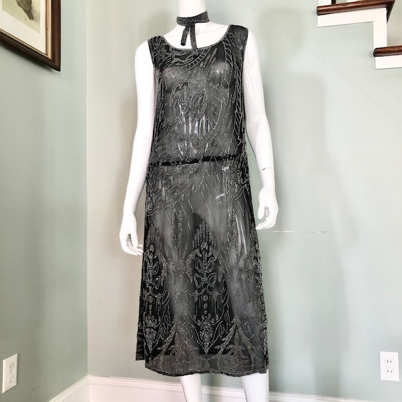 1920’s Beaded Black Silk Chiffon Flapper Dress