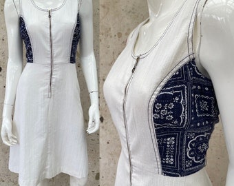 Vintage 1970’s White & Blue Handkerchief Detail Summer Dress, M