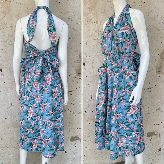 Vintage 80’s Pink Floral Cotton Halter Dress - image 2