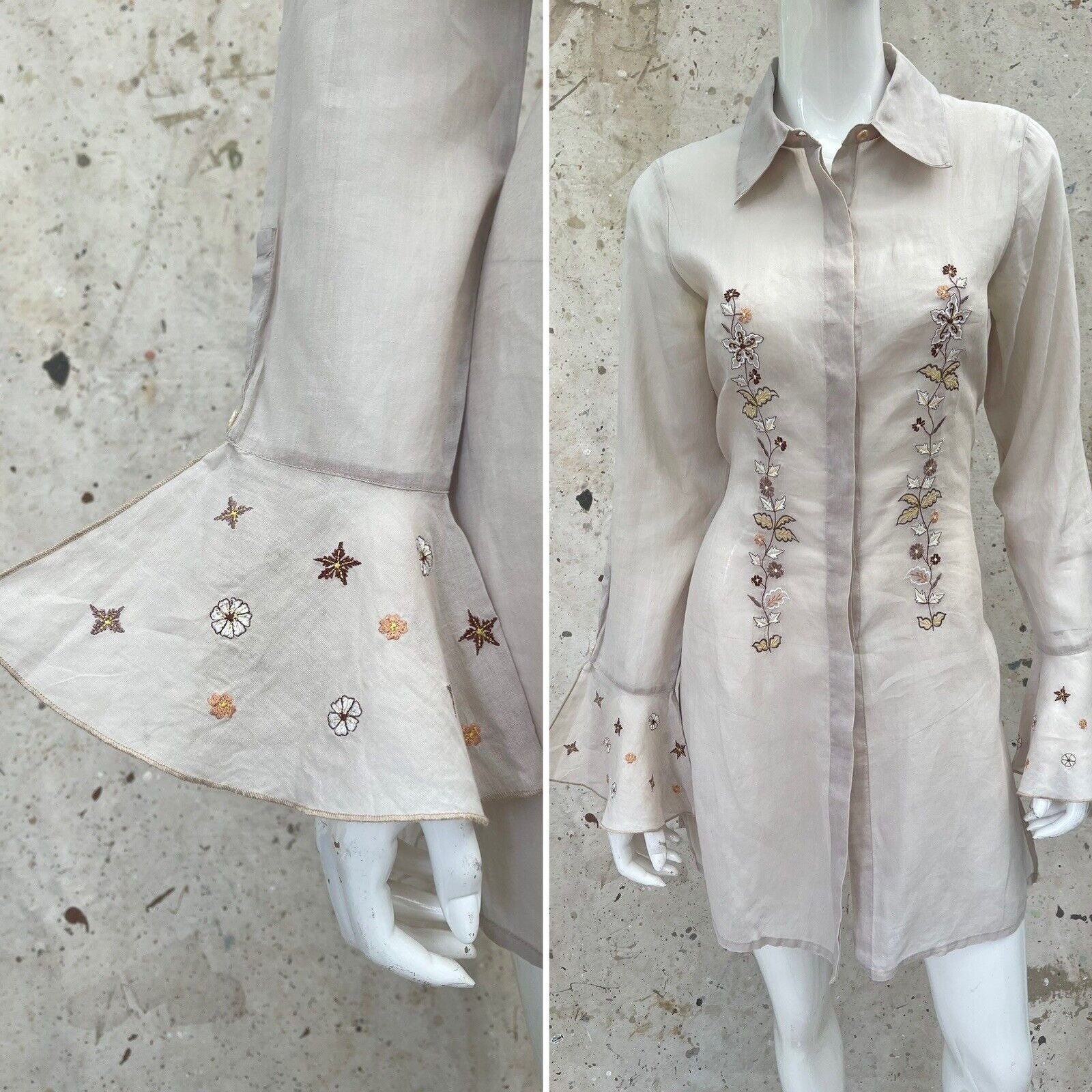 DRESS CAMP シルク100 デザイン ブラウス y2k Vintage Y2K Embroidered Paper Thin Cotton Shirt Dress Fluted