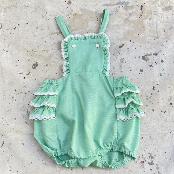 Vintage 60’s/70’s Mint Green Ruffled Bib Overalls… - image 1