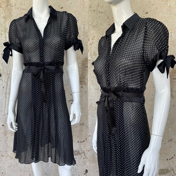 Vintage Y2K ABS Allen Schwartz Black & White Swiss Dot Silk Dress Medium