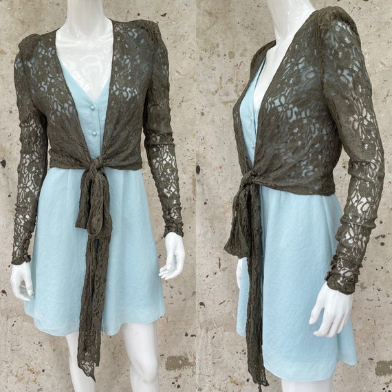 1930's Floral Moss Green Lace Tie Blouse - image 1
