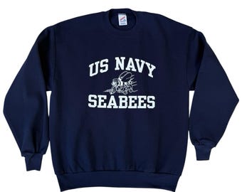 Sudadera vintage de los años 90 de los Seabees de la Marina de los EE. UU., marca Jerzees, fabricada en EE. UU., cuello redondo, talla XL.