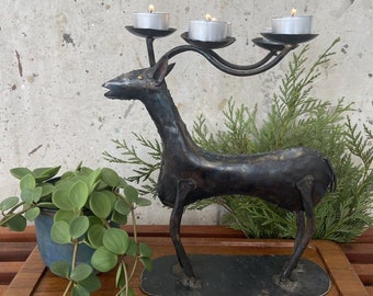 Vintage Brutalist Folk Art Metal Deer Votive Candle Holder Made In Mexico