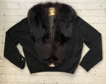 Vintage 1950's Black Cashmere & Fox Fur Cardigan Sweater