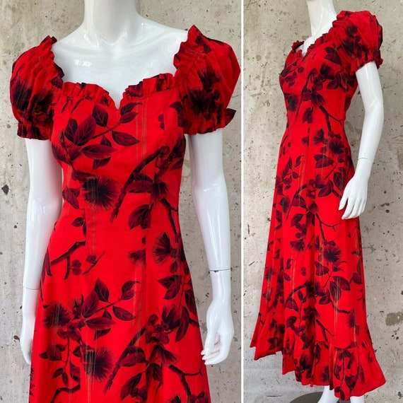 1940’s Liberty House Red Cotton Hawaiian Dress, P… - image 3