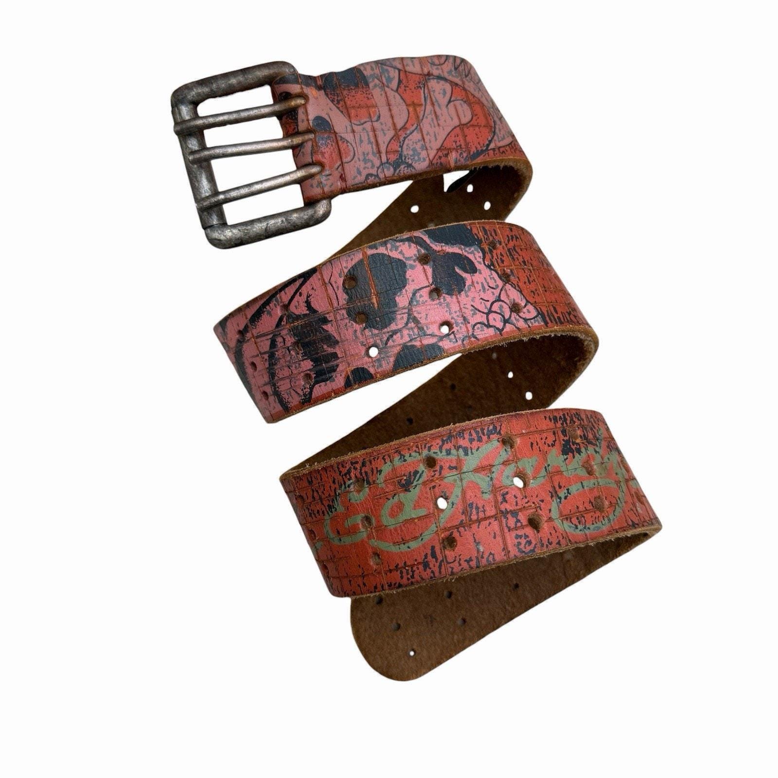 Ed Hardy Cream and Brown Printed Leather Belt with Silver Buckle Ed Hardy Silver Patterned Leather Belt - W33 W39 – Rokit main image 2