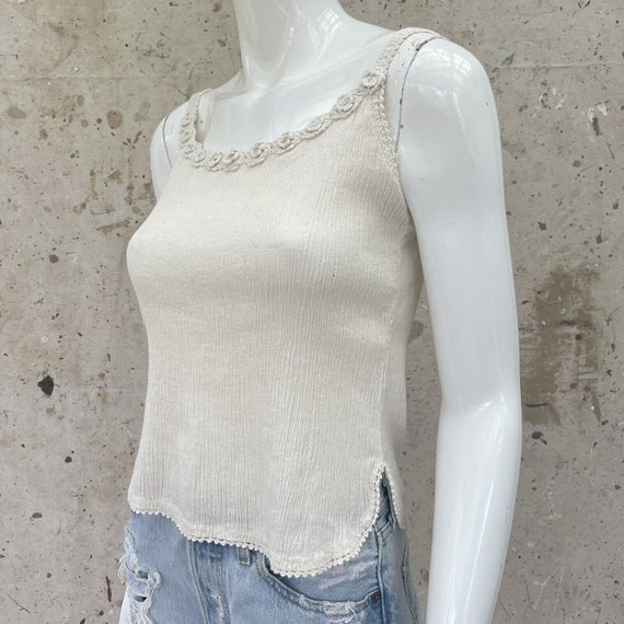 Vintage 1970’s Gauzy, Stretchy Cream Tank Top w/ … - image 2