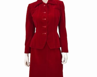 Vintage 1940’s Red Velvet Two Piece Skirt Suit Set, Small Waist 27”