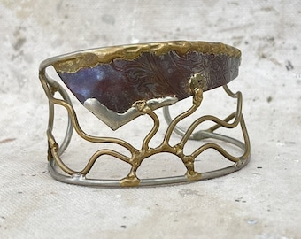 Vintage 1970’s Brutalist Mixed Metals Sunburst Cuff Bracelet Jewelry