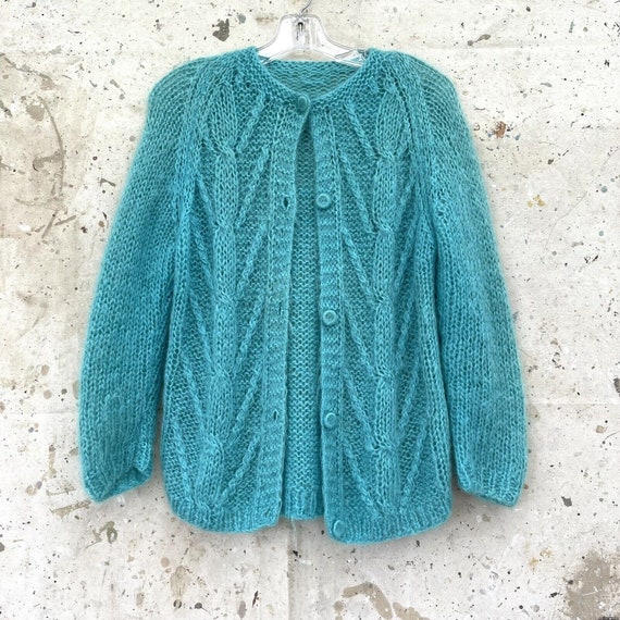 Vintage 60’s Aquamarine Knit Mohair Cardigan Swea… - image 1